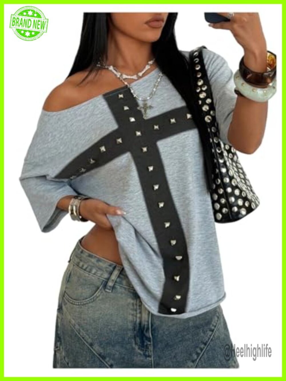 Women's Y2k Off The Shoulder Rivet Studded Short Sleeve T-Shirt Loose Fit